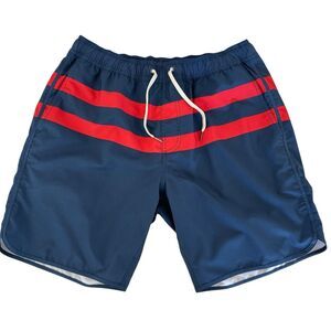Fair Harbor The Anchor Shorts Blue Red Stripe Lined Swim Trunks Athletic Fit Med